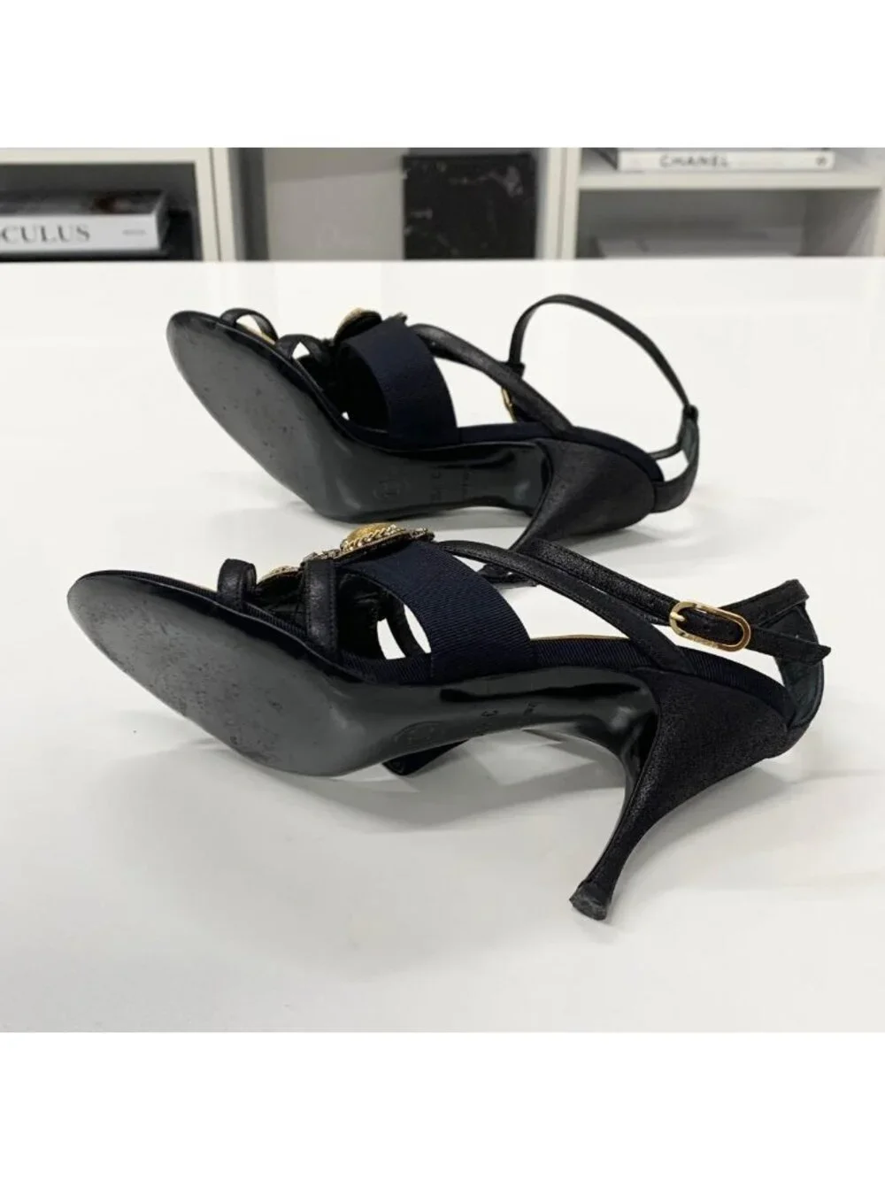 Chanel Leather Bijou Strap Sandals Black